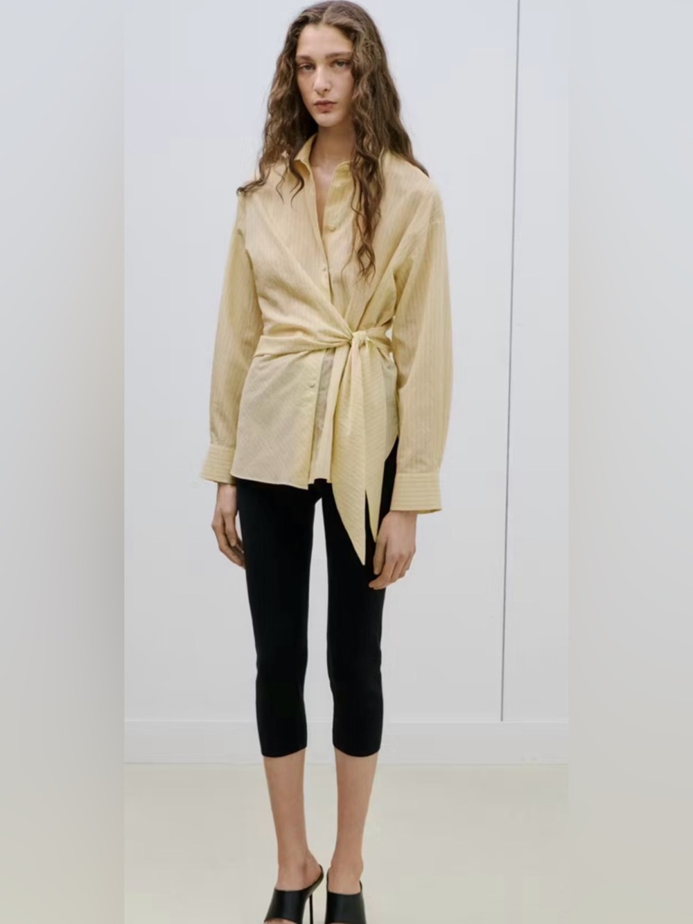 Mango Pastel Yellow Tie-Front Button-Down Shirt